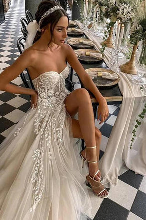 Sexy A line Sweetheart Strapless Lace Appliques Ivory Slit Wedding Dresses with Tulle OW0073