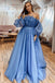 Elegant Strapless Tulle A Line Blue Long Prom Dress with Belt, Long Sleeves Formal Dress OM0252