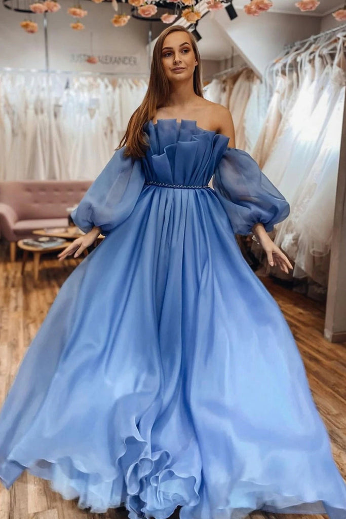 Elegant Strapless Tulle A Line Blue Long Prom Dress with Belt, Long Sleeves Formal Dress OM0252