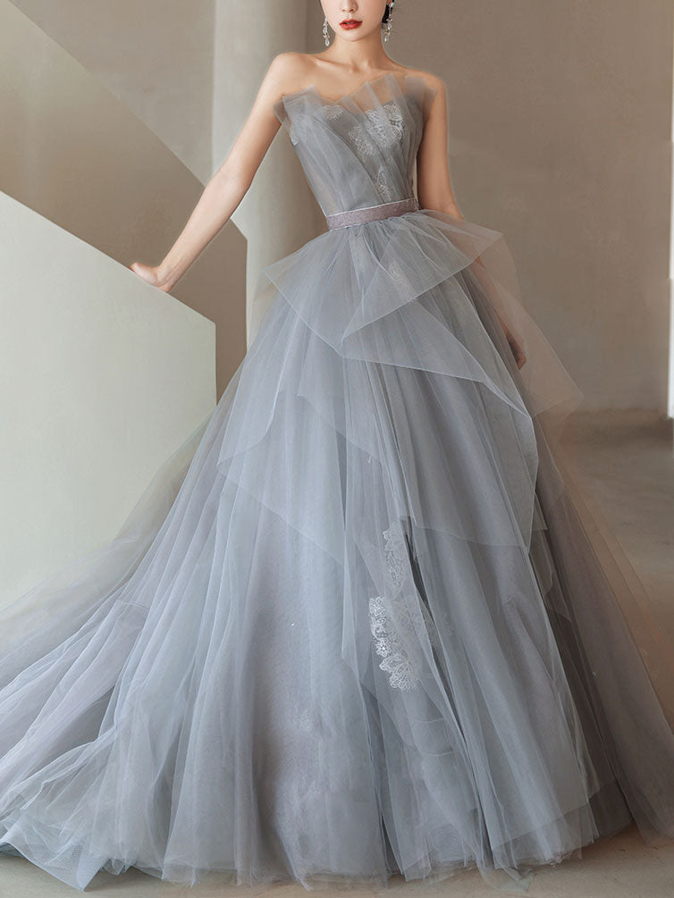 Charming A Line Tulle Strapless Gray Lace Long Prom Dresses, Sleeveless Evening Dress OM0193