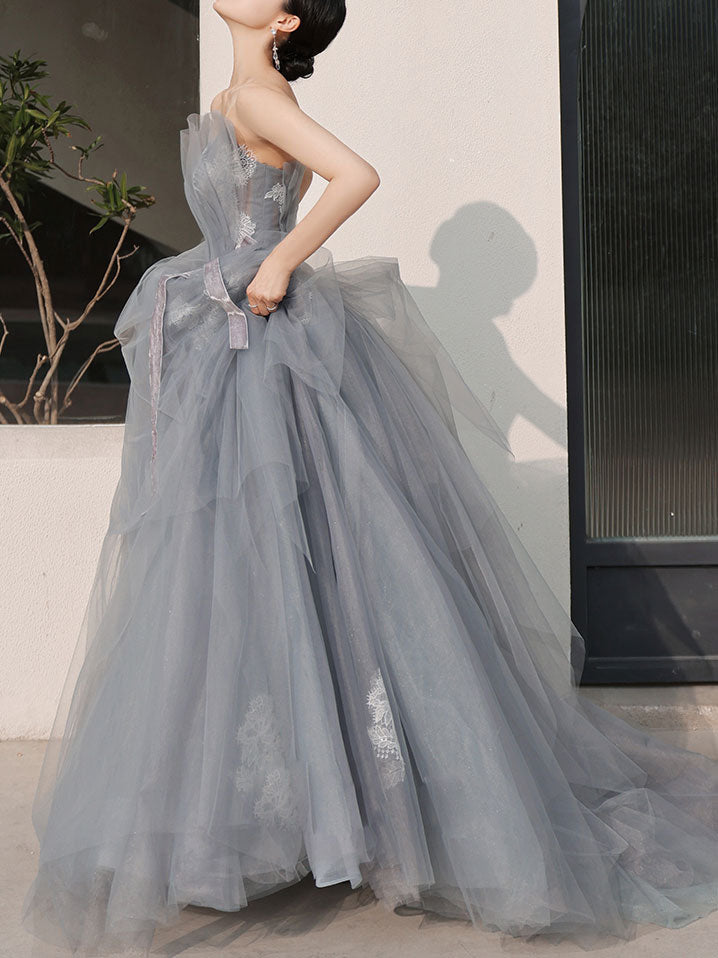 Charming A Line Tulle Strapless Gray Lace Long Prom Dresses, Sleeveless Evening Dress OM0193