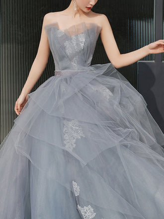 Charming A Line Tulle Strapless Gray Lace Long Prom Dresses, Sleeveless Evening Dress OM0193