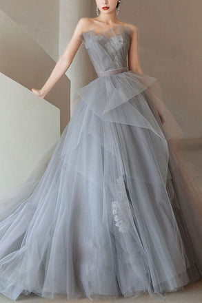 Charming A Line Tulle Strapless Gray Lace Long Prom Dresses, Sleeveless Evening Dress OM0193