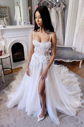 Princess A Line Spaghetti Straps Tulle Scoop Wedding Dresses With Slit, Bridal Dress OW0138