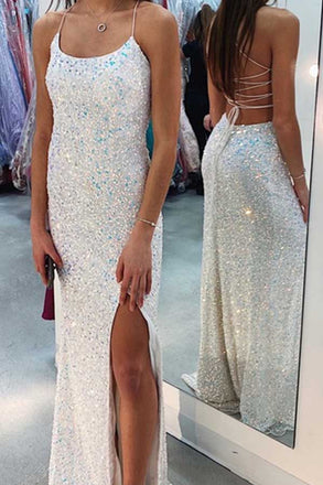 Sparkly Mermaid Sequin Ivory Prom Dresses, Long Formal Evening Dresses OM0016