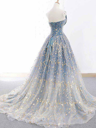 Blue and Gold Lace Ball Gown Prom Dresses, Sweet 16 Princess Quinceanera Dress PDH63