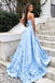 Sweetheart Sky Blue Long Satin Cheap Prom Dresses with 3D Floral Applique PDI2