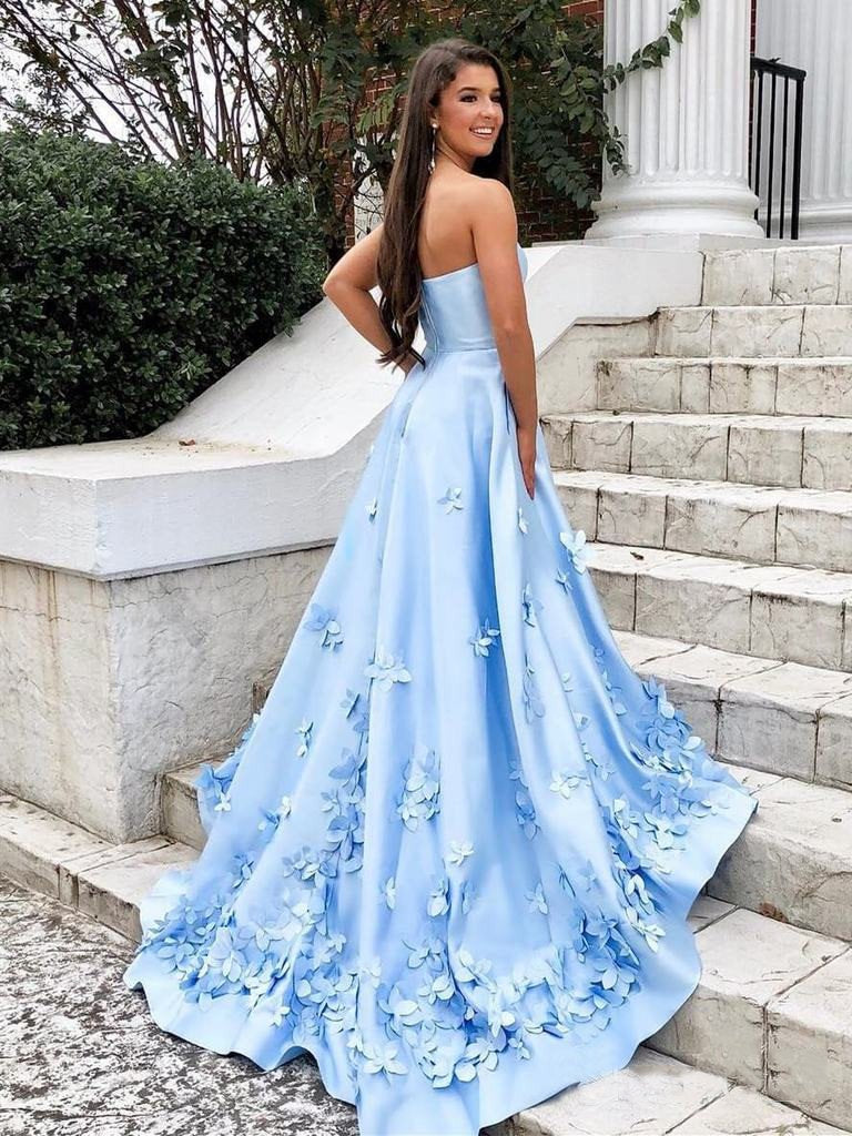 Sweetheart Sky Blue Long Satin Cheap Prom Dresses with 3D Floral Applique PDI2