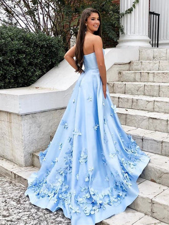 Sweetheart Sky Blue Long Satin Cheap Prom Dresses with 3D Floral Applique PDI2