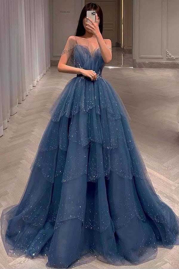 Gorgeous A-Line Spaghetti Straps Royal Blue Tulle Prom Dresses with Layers trendtydresses Gorgeous A-Line Spaghetti Straps Royal Blue Tulle Prom Dresses with Layers trendtydresses