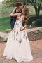 A Line V Neck Flower Appliques Prom Dresses, Long Evening Dresses PDG76