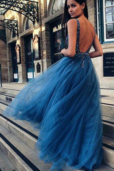 Cheap A Line Tulle Blue V Neck Beaded Long Prom Dresses PDH24