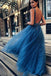 Cheap A Line Tulle Blue V Neck Beaded Long Prom Dresses PDH24