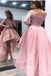 Fashion A-Line Off the Shoulder High Low Long Sleeves Pink Lace Prom Dress PDF54