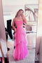 A line Pink Spaghetti Straps Layered Tulle Sleeveless Corset Gown, Long Prom Dresses OM0040