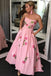 A-Line Sweetheart Strapless Pink Long Prom Dress With Embroidery Pockets PDK63