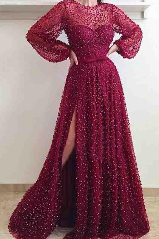 Cheap A Line Burgundy Long Sleeve Vintage Split Prom Dress PDE95