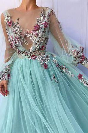 Princess Scoop Floral Appliques Long Puffy Sleeves Prom Dress PDI31