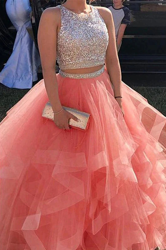 Two Pieces Tulle Sequins Long Prom Dresses, Sparkly A line Open Back Party Dresses OM0229