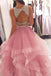 Two Pieces Tulle Sequins Long Prom Dresses, Sparkly A line Open Back Party Dresses OM0229