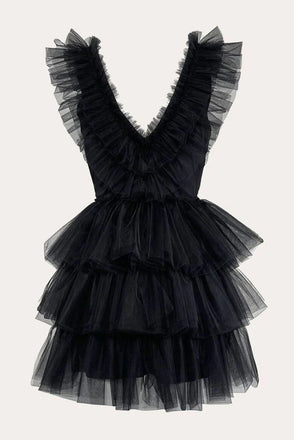 Plunging A line V Neck Tiered Tulle Black Mini Puffy Prom Dresses, Homecoming Dress OMH0145