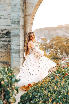 Princess A line Tulle Strapless Puffy Sleeves Long Prom Dresses with Stars, Evening Dress OM0234