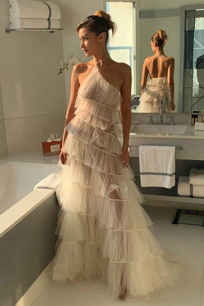 New Style A line Tulle Halter Layered Prom Dresses, Sleeveless Long Party Dresses OM0185