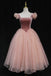 Unique A Line Cap Sleeves Tulle Pink Short Homecoming Dresses, Graduation Dress OMH0131
