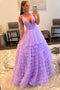 Elegant A line Lilac V Neck Tulle Tiered Long Prom Dresses, Evening Party Dress OM0275