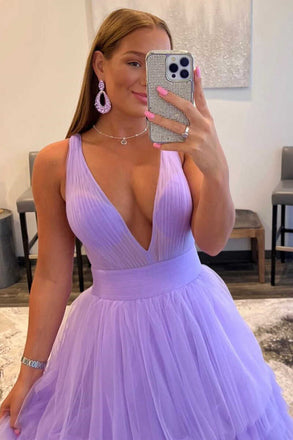 Elegant A line Lilac V Neck Tulle Tiered Long Prom Dresses, Evening Party Dress OM0275