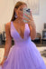 Elegant A line Lilac V Neck Tulle Tiered Long Prom Dresses, Evening Party Dress OM0275