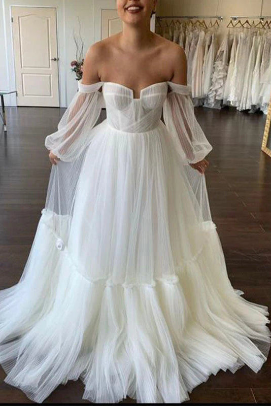 Elegant A Line Tulle Detachable Sleeves Off the Shoulder Boho Beach Wedding Dresses OW0052