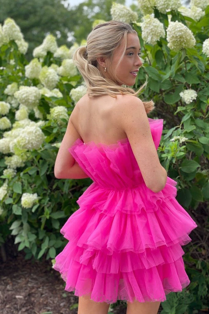 A Line Strapless Tulle Tiered Mini Dress, Hot Pink Sleeveless Homecoming Dress OMH0206