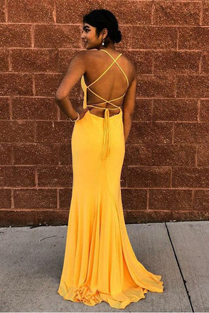 Mermaid Spaghetti Straps Floor-Length Yellow Sexy Prom Dress PDQ67