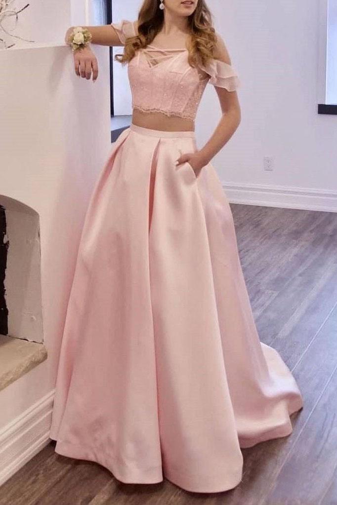 Two Piece Blush Pink Prom Dresses Long Lace Prom Gowns With Pockets PDO91