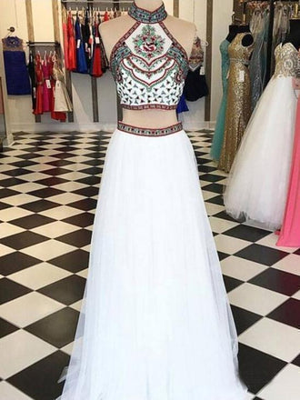 Two Piece Halter Embroidered Tulle Prom Dresses Cheap A Line Long Formal Dresses PDN78
