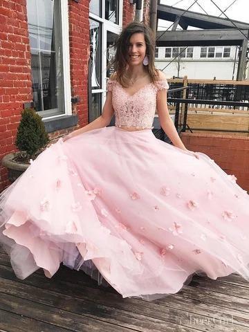 Stunning Two-piece V Neck Bridal Dresses Flowers Appliqued Pink Wedding Gowns PDP91