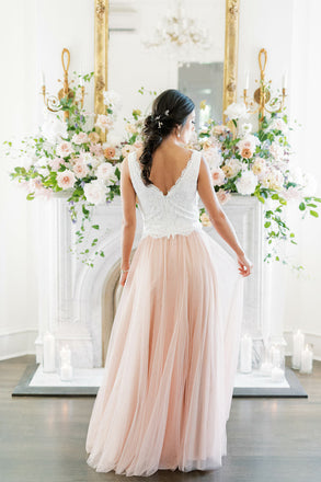 A line Two Pieces White and Pink Tulle V Neck Long Prom Dresses, Bridesmaid Dress OM0211