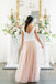 A line Two Pieces White and Pink Tulle V Neck Long Prom Dresses, Bridesmaid Dress OM0211