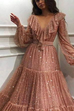 Sparkle V-neck Long Sleeves V-neck Pink Evening Prom Dresses with Ruffles PDH92