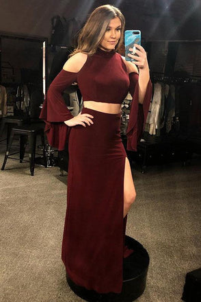 Two Piece Mermaid Cold Shoulder Long Sleeves Burgundy Prom Dress With Split PDQ54
