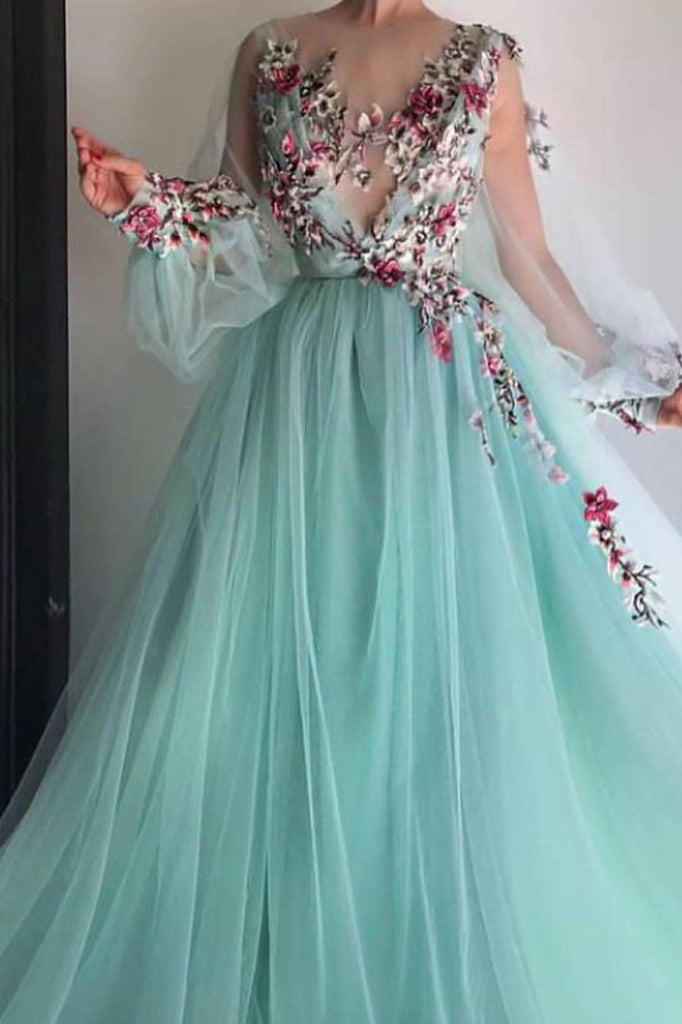 Princess Scoop Floral Appliques Long Puffy Sleeves Prom Dress PDI31