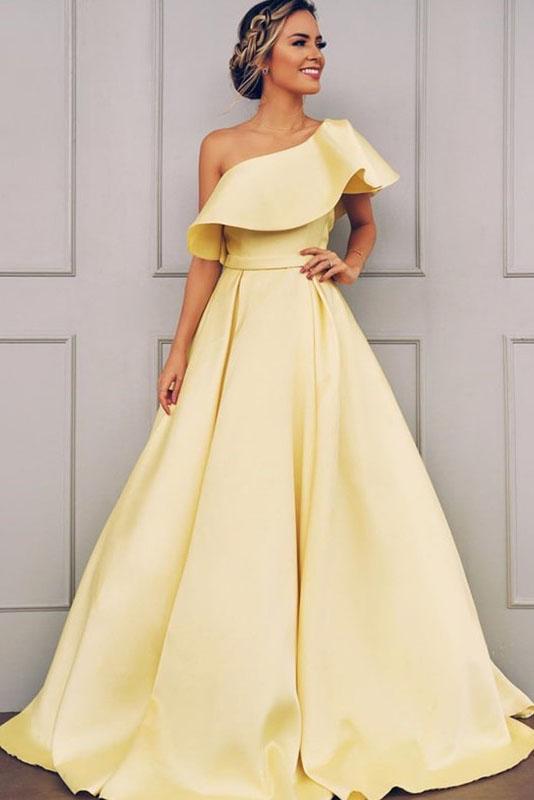 A Line One Shoulder Satin Yellow Simple Prom Dress With Ruched PDK71