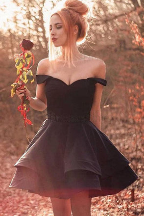 A Line Off The Shoulder Black Short Homecoming Dress PPD10
