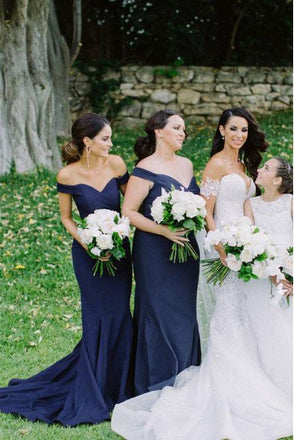 Mermaid Off-the-Shoulder Sweep Train Dark Blue Satin Bridesmaid Dress PDR30