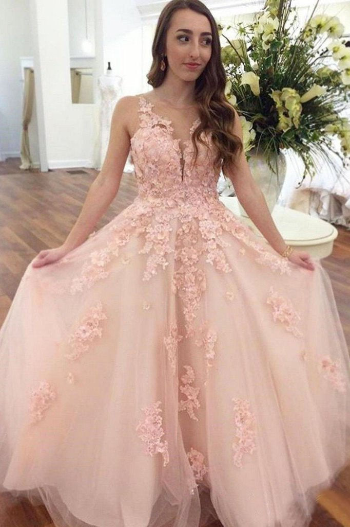 Elegant Pink Ball Gown Prom Dresses With Lace Appliques PDO90