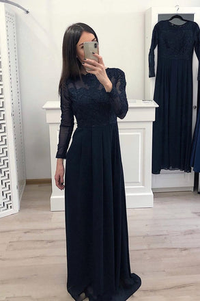 Elegant A Line Long Sleeve Chiffon Navy Blue Appliques Prom Dresses PDH58