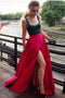 Two Piece A-Line Square Neck Fuchsia Satin Split Prom Dress With Green Top PDF53