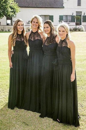 Pretty Black Chiffon Lace A Line Long Halter Bridesmaid Dresses PDG50