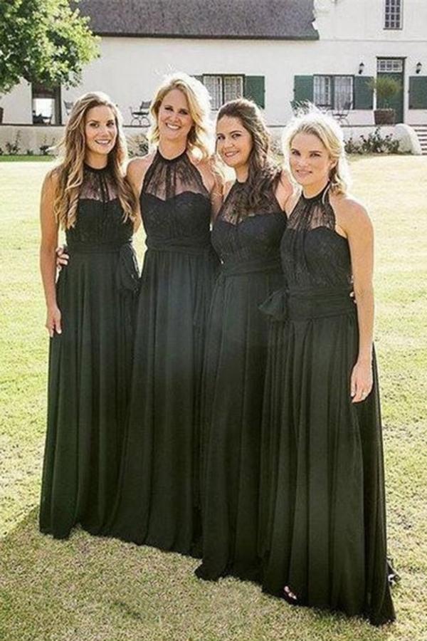 Pretty Black Chiffon Lace A Line Long Halter Bridesmaid Dresses trendtydresses Pretty Black Chiffon Lace A Line Long Halter Bridesmaid Dresses trendtydresses